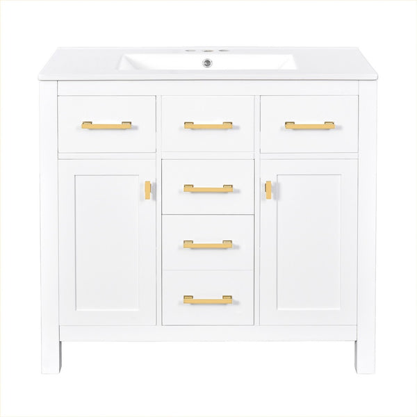 Mindy Bathroom Vanity, Ceramic Sink, Gold Metal, 4 Drawers, White 36 Inch - BM351290