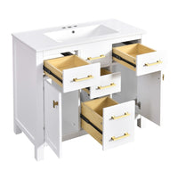 Mindy Bathroom Vanity, Ceramic Sink, Gold Metal, 4 Drawers, White 36 Inch - BM351290