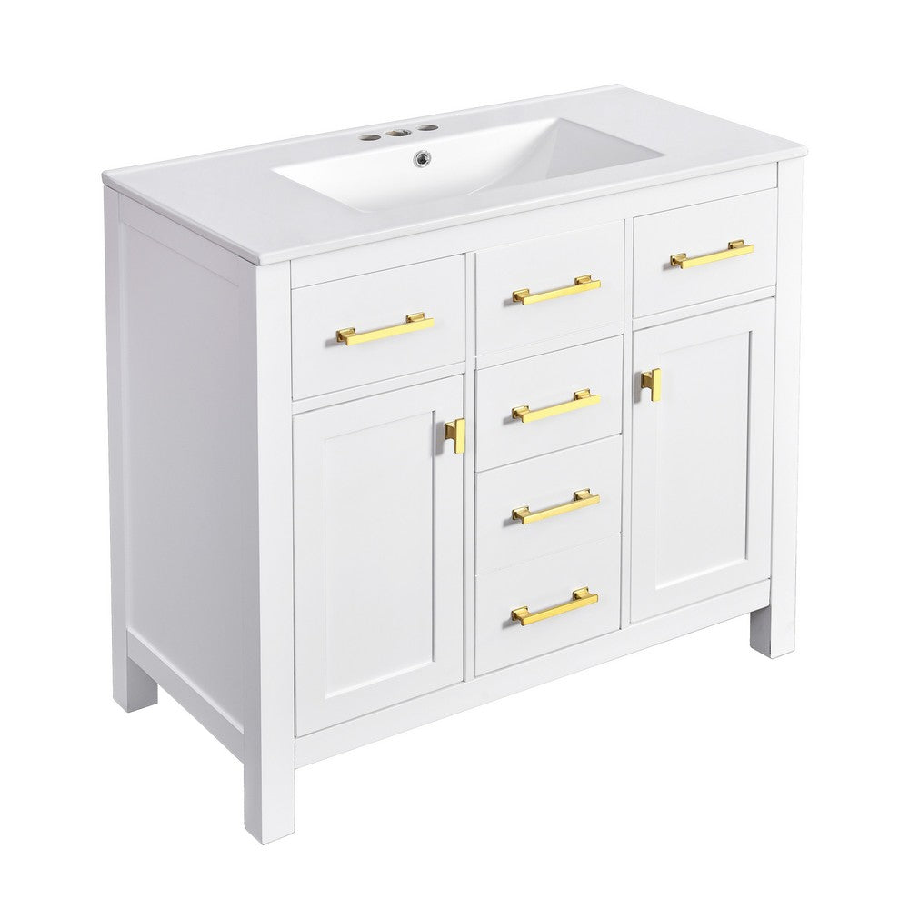 Mindy Bathroom Vanity, Ceramic Sink, Gold Metal, 4 Drawers, White 36 Inch - BM351290