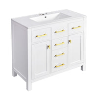 Mindy Bathroom Vanity, Ceramic Sink, Gold Metal, 4 Drawers, White 36 Inch - BM351290