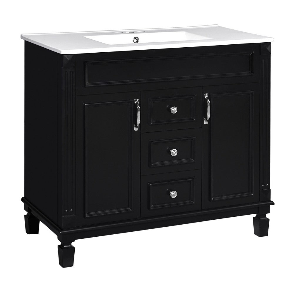 Gwen 36In Bathroom Vanity with Ceramic Sink, 2 Drawers 2 Cabinets, Black Wood - BM351291