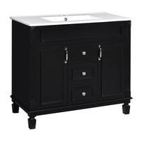 Gwen 36In Bathroom Vanity with Ceramic Sink, 2 Drawers 2 Cabinets, Black Wood - BM351291