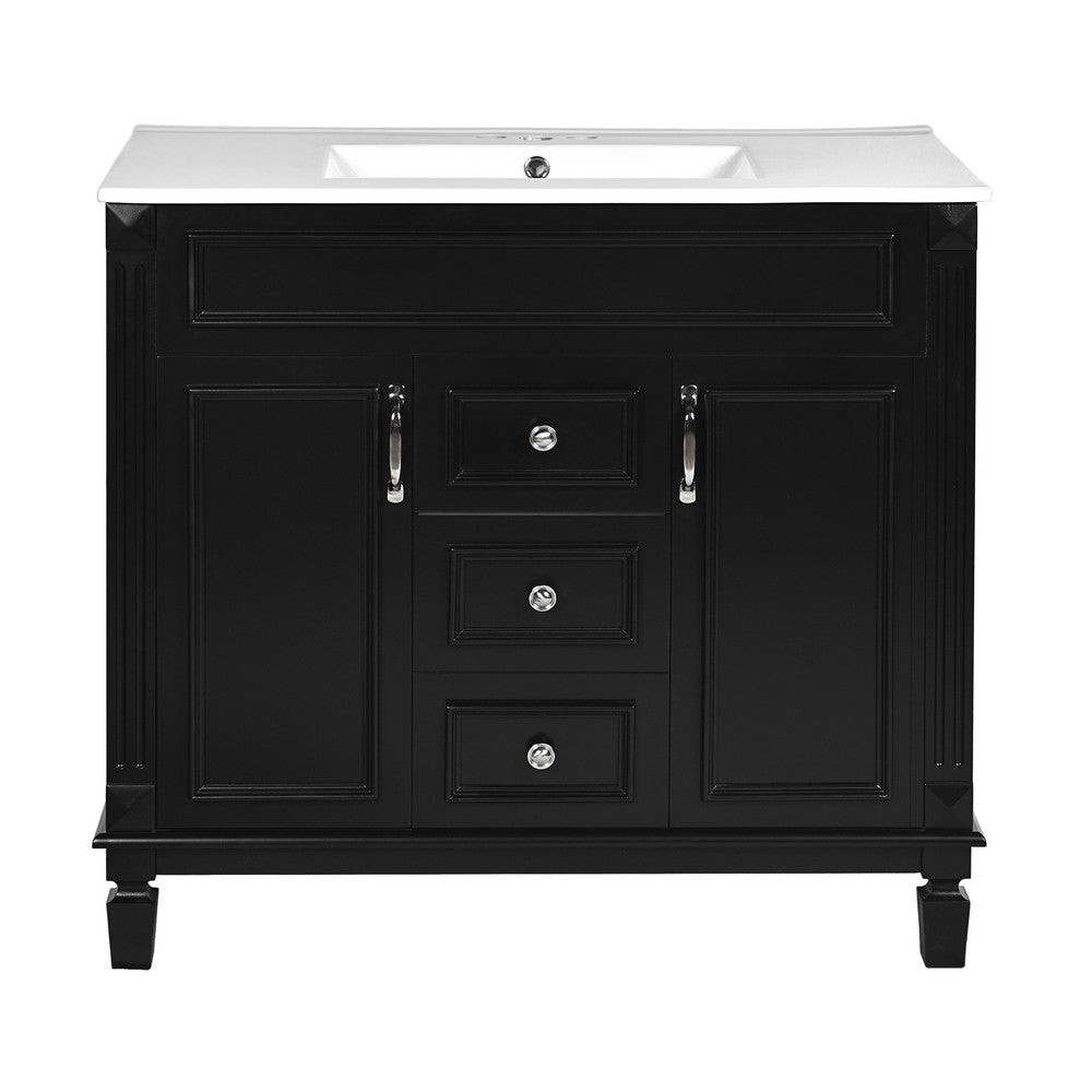 Gwen 36In Bathroom Vanity with Ceramic Sink, 2 Drawers 2 Cabinets, Black Wood - BM351291