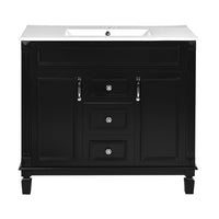 Gwen 36In Bathroom Vanity with Ceramic Sink, 2 Drawers 2 Cabinets, Black Wood - BM351291