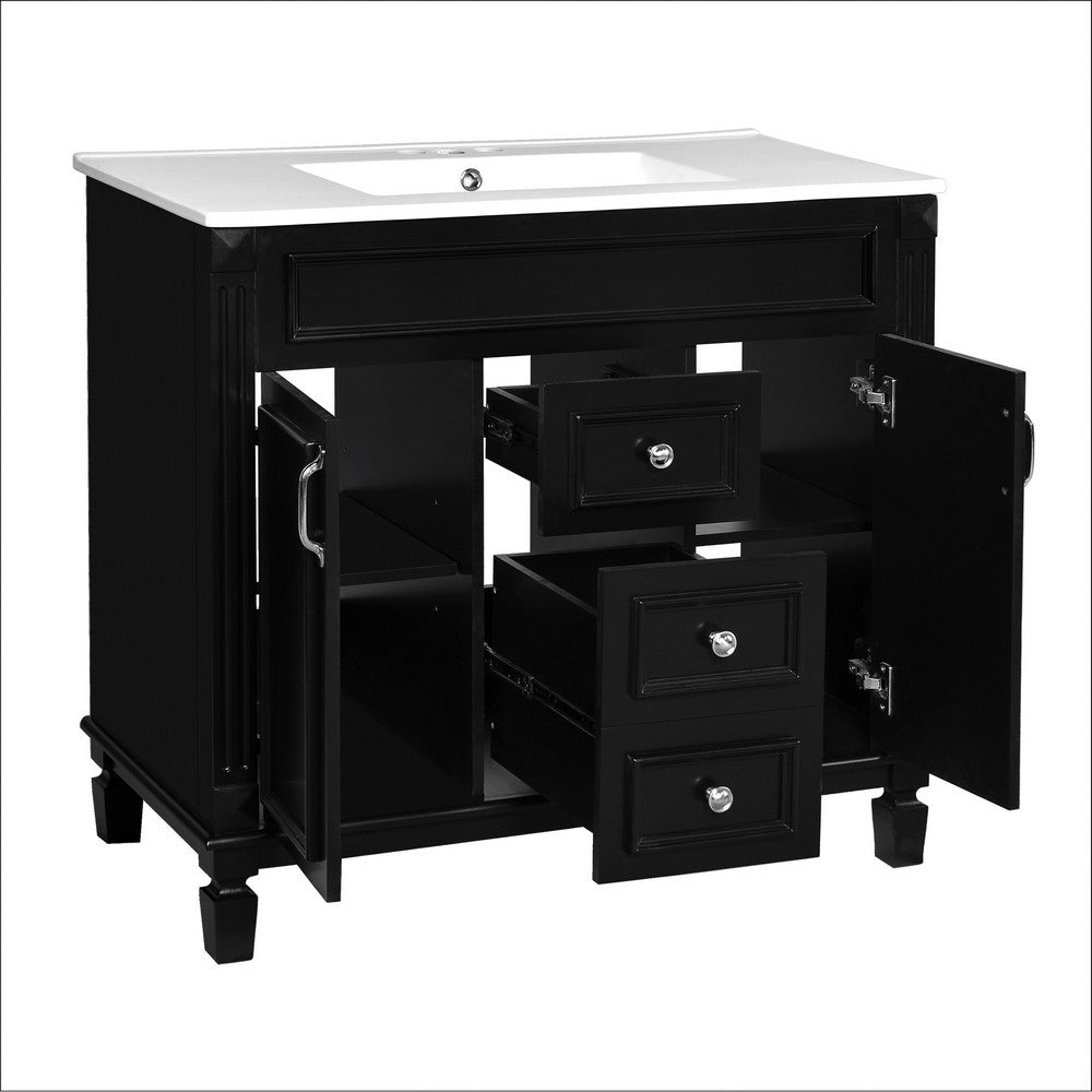 Gwen 36In Bathroom Vanity with Ceramic Sink, 2 Drawers 2 Cabinets, Black Wood - BM351291