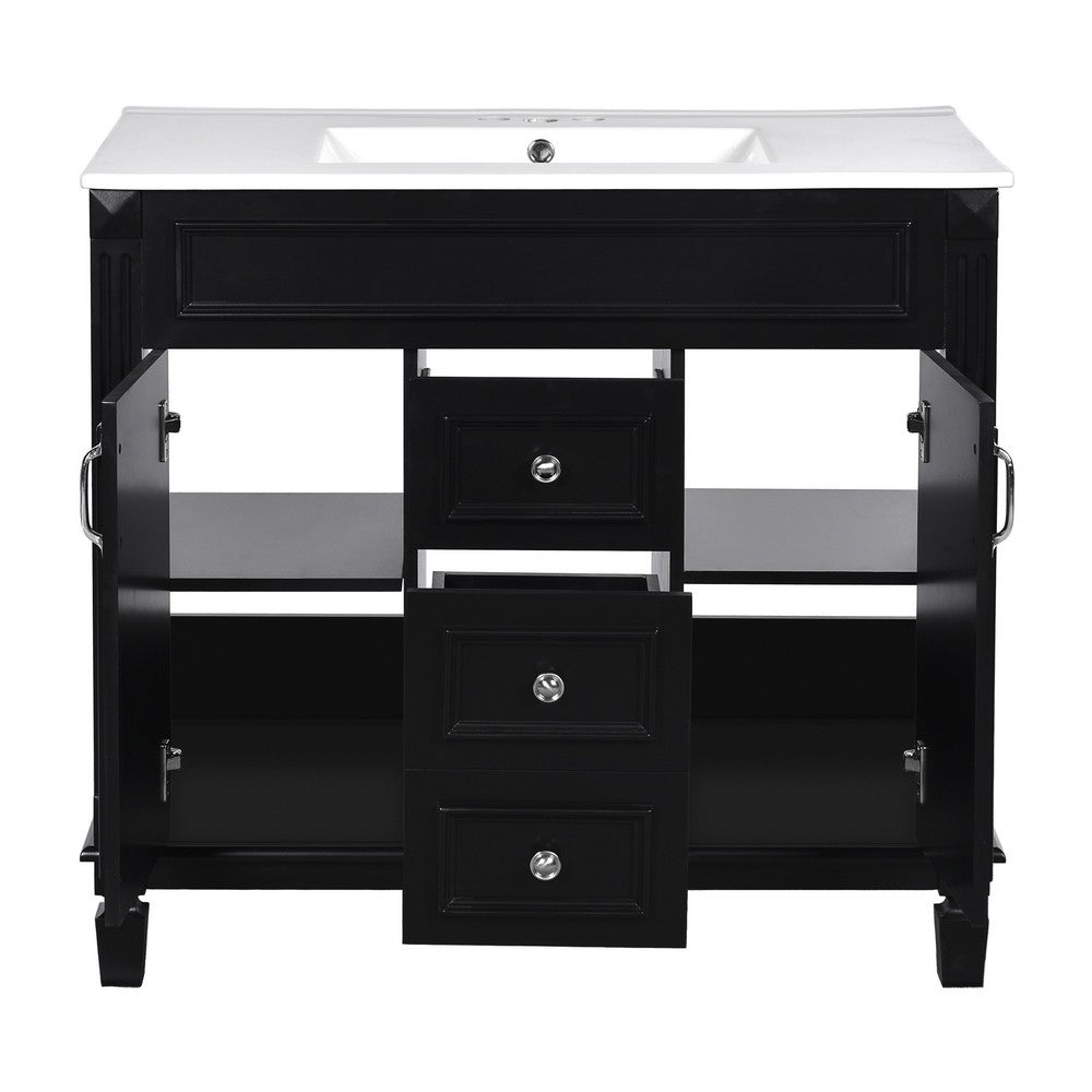 Gwen 36In Bathroom Vanity with Ceramic Sink, 2 Drawers 2 Cabinets, Black Wood - BM351291