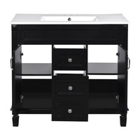 Gwen 36In Bathroom Vanity with Ceramic Sink, 2 Drawers 2 Cabinets, Black Wood - BM351291