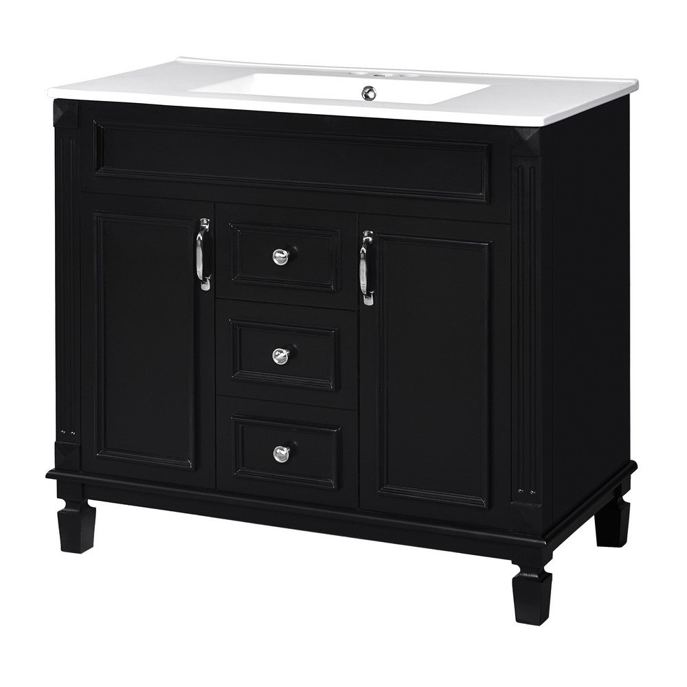 Gwen 36In Bathroom Vanity with Ceramic Sink, 2 Drawers 2 Cabinets, Black Wood - BM351291