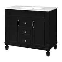 Gwen 36In Bathroom Vanity with Ceramic Sink, 2 Drawers 2 Cabinets, Black Wood - BM351291