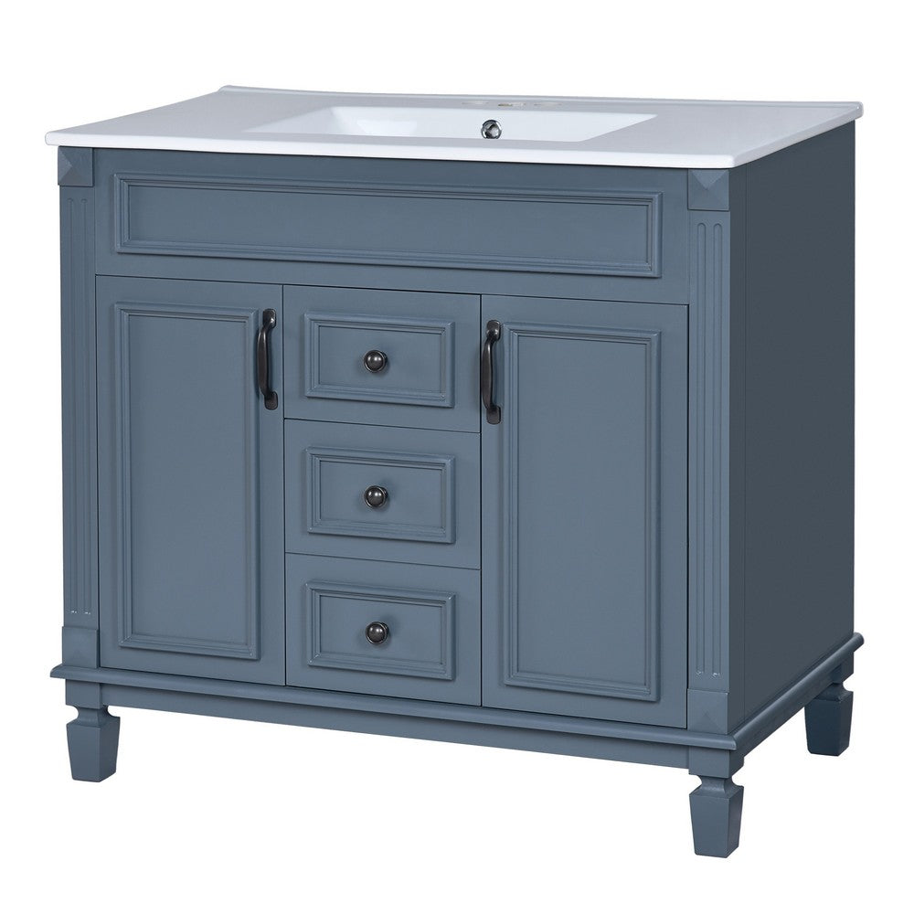Gwen 36In Bathroom Vanity with Ceramic Sink, 2 Drawers 2 Cabinets, Blue Wood - BM351292