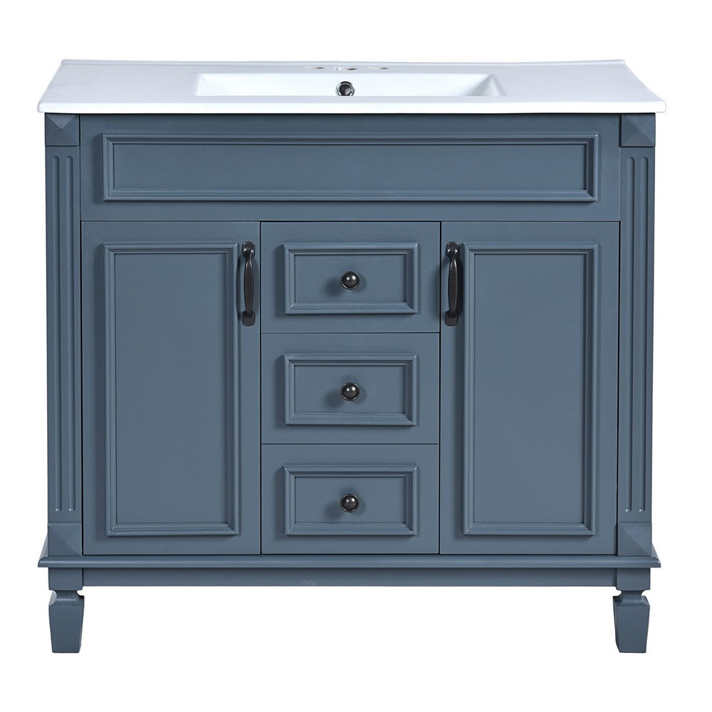 Gwen 36In Bathroom Vanity with Ceramic Sink, 2 Drawers 2 Cabinets, Blue Wood - BM351292