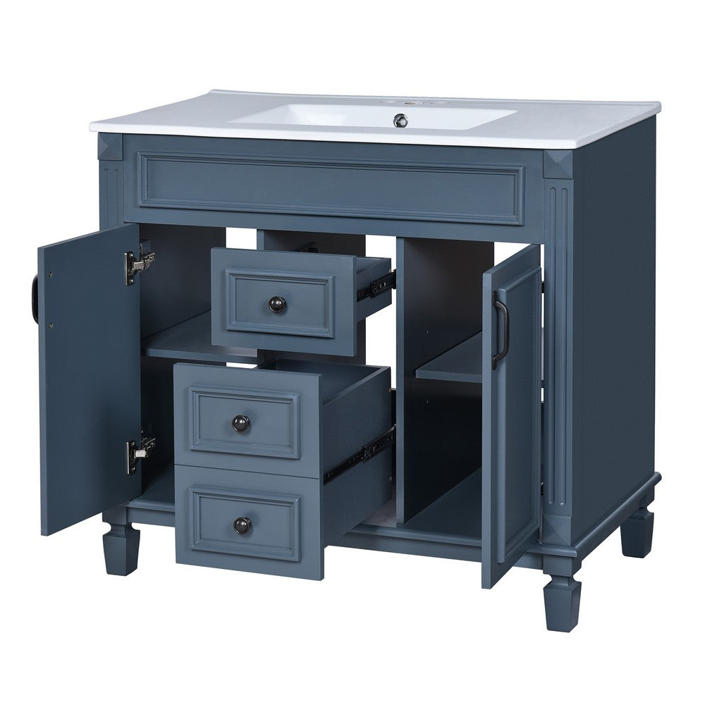 Gwen 36In Bathroom Vanity with Ceramic Sink, 2 Drawers 2 Cabinets, Blue Wood - BM351292