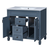 Gwen 36In Bathroom Vanity with Ceramic Sink, 2 Drawers 2 Cabinets, Blue Wood - BM351292