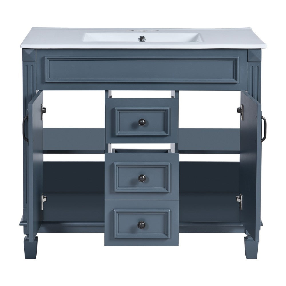 Gwen 36In Bathroom Vanity with Ceramic Sink, 2 Drawers 2 Cabinets, Blue Wood - BM351292