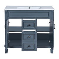 Gwen 36In Bathroom Vanity with Ceramic Sink, 2 Drawers 2 Cabinets, Blue Wood - BM351292