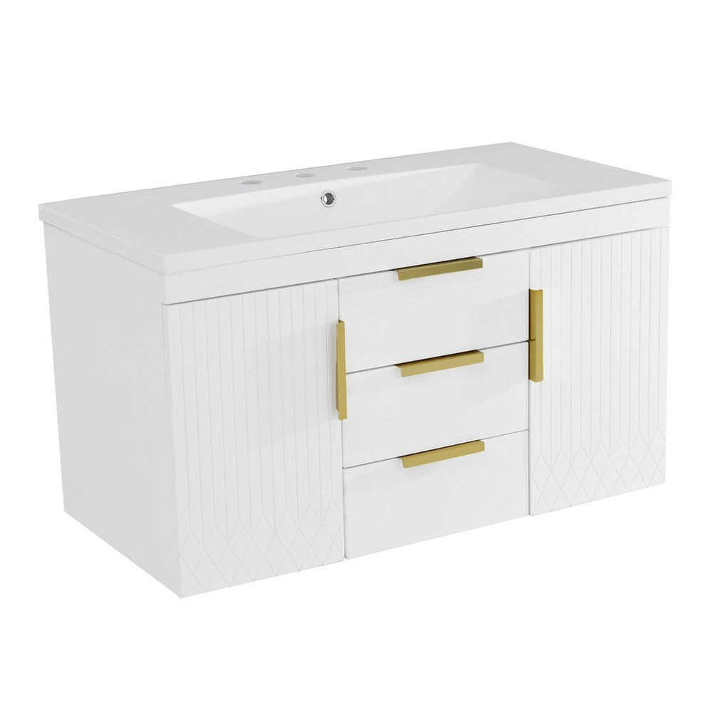 Jayz Floating Vanity with Sink, Gold Accents, White Textured Wood 36 Inch - BM351293