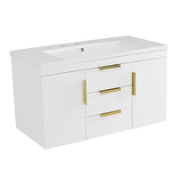 Jayz Floating Vanity with Sink, Gold Accents, White Textured Wood 36 Inch - BM351293