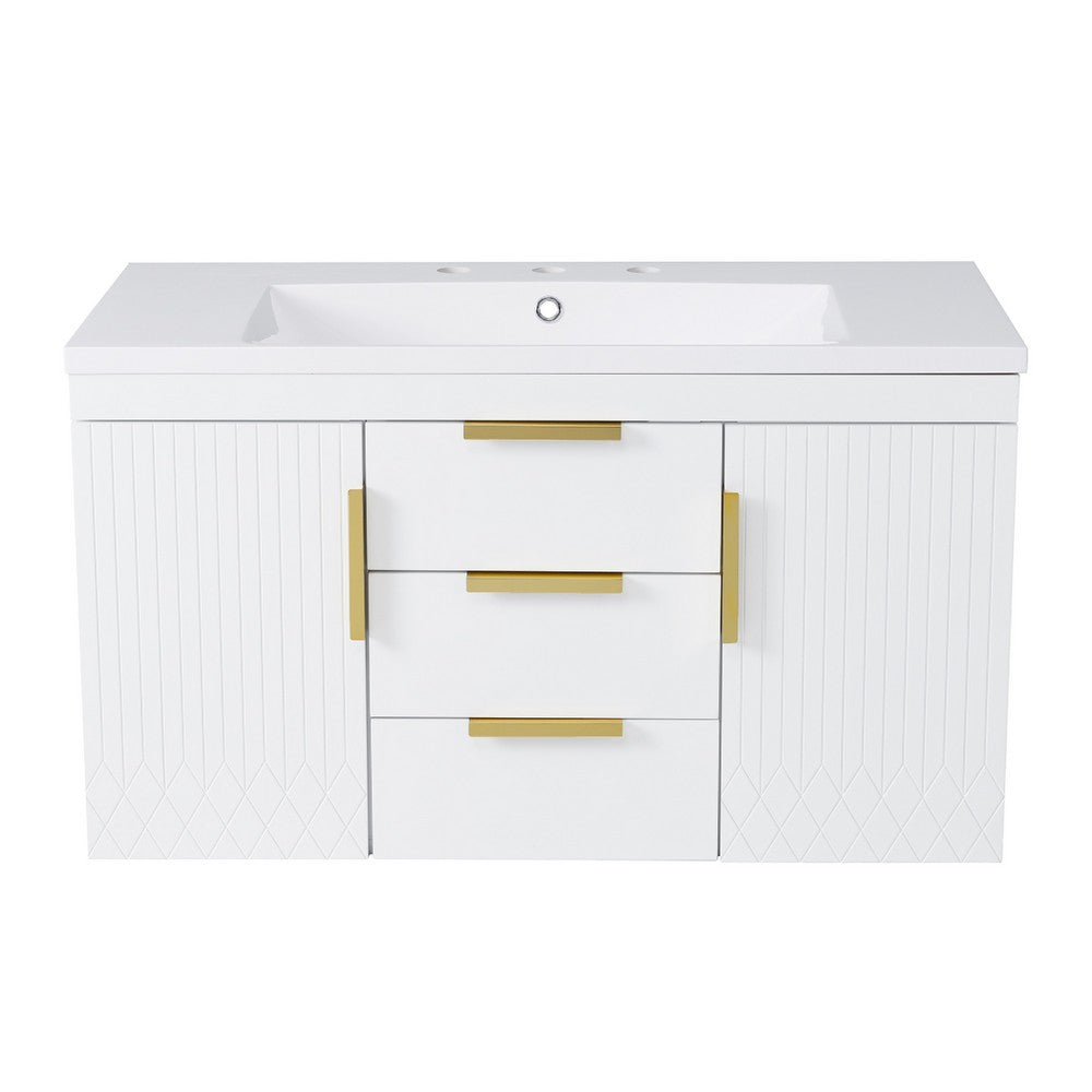 Jayz Floating Vanity with Sink, Gold Accents, White Textured Wood 36 Inch - BM351293