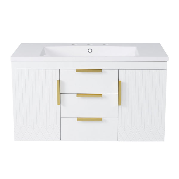 Jayz Floating Vanity with Sink, Gold Accents, White Textured Wood 36 Inch - BM351293