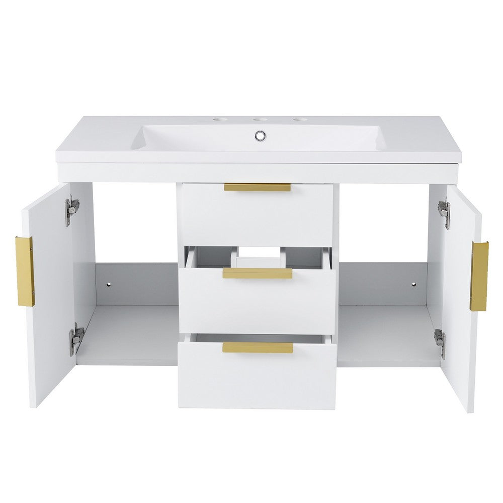 Jayz Floating Vanity with Sink, Gold Accents, White Textured Wood 36 Inch - BM351293