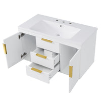 Jayz Floating Vanity with Sink, Gold Accents, White Textured Wood 36 Inch - BM351293
