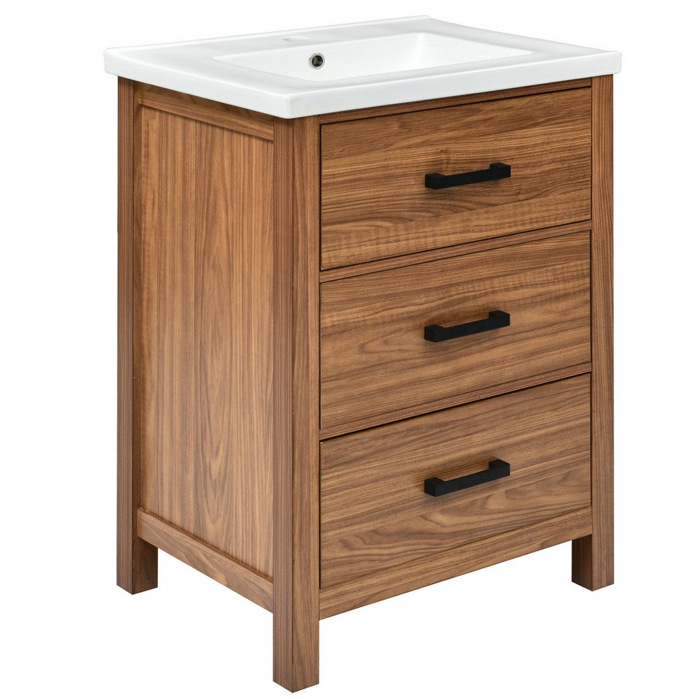 Addie Bathroom Vanity, Ceramic Sink, 3 Drawers, Natural Brown Wood 24 Inch - BM351296