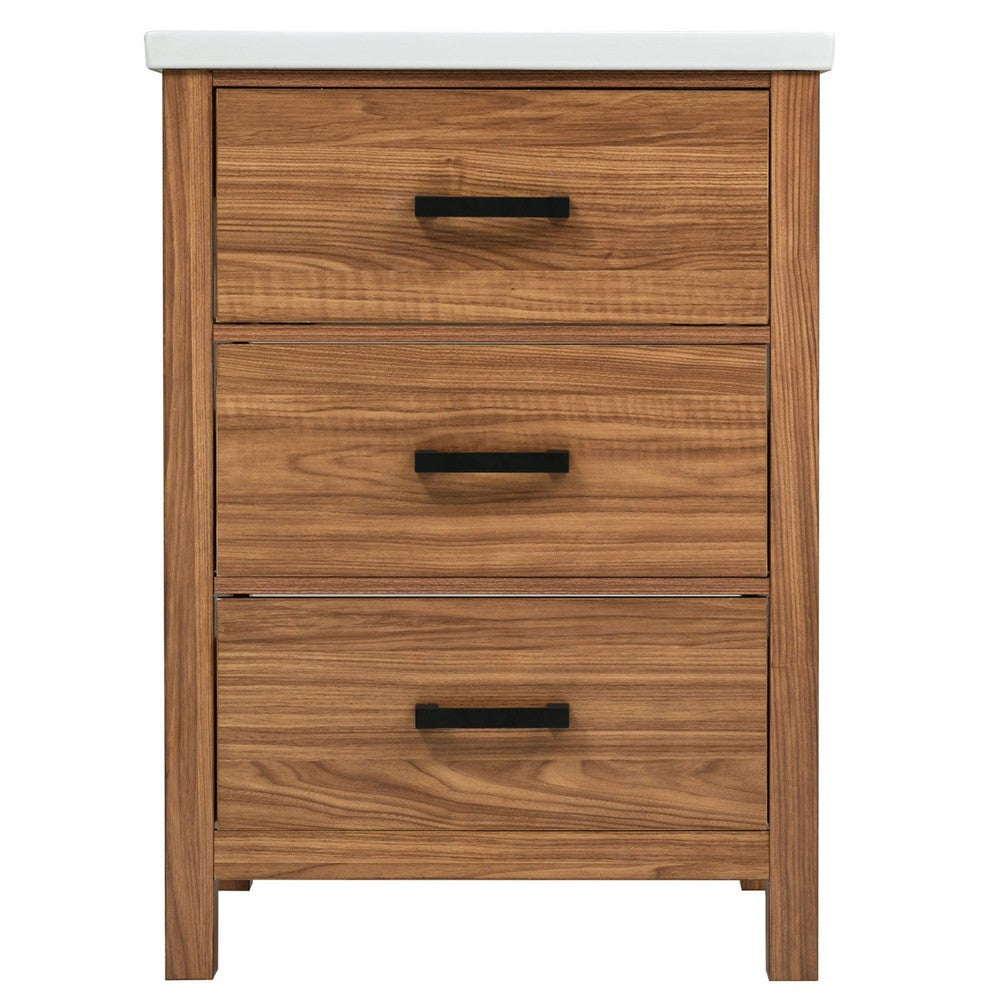 Addie Bathroom Vanity, Ceramic Sink, 3 Drawers, Natural Brown Wood 24 Inch - BM351296