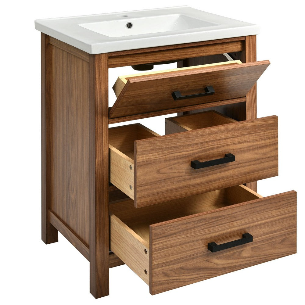Addie Bathroom Vanity, Ceramic Sink, 3 Drawers, Natural Brown Wood 24 Inch - BM351296