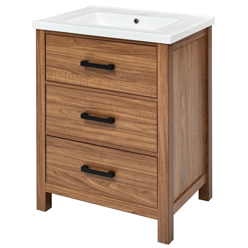 Addie Bathroom Vanity, Ceramic Sink, 3 Drawers, Natural Brown Wood 24 Inch - BM351296