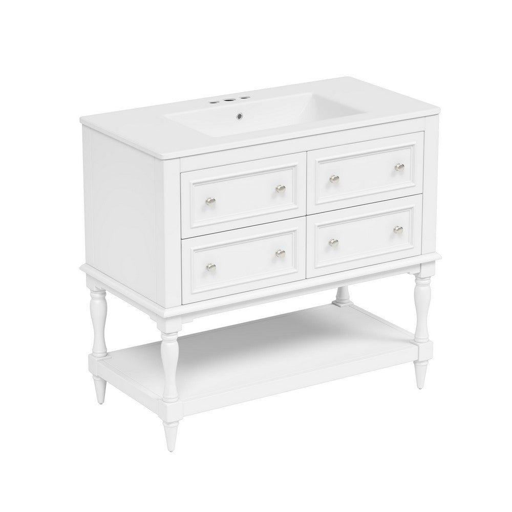 36In Sandra Bathroom Vanity with Ceramic Sink, 4 Drawers, White Solid Wood - BM351297