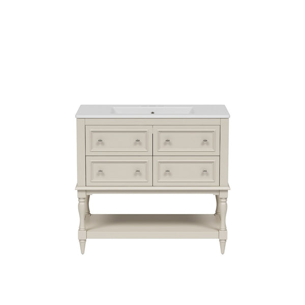 Sandra 36In Bathroom Vanity with Ceramic Sink, 4 Drawers, Beige Solid Wood - BM351298