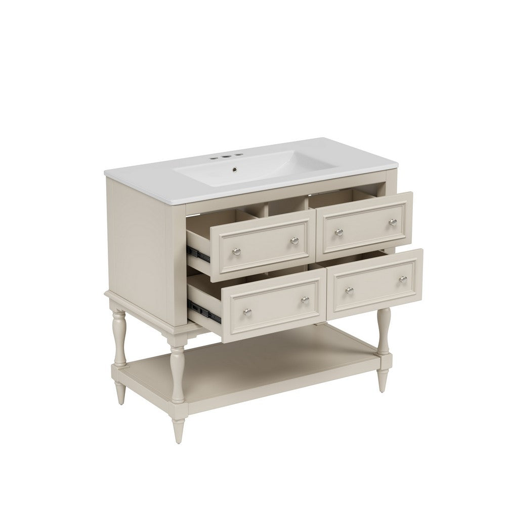 Sandra 36In Bathroom Vanity with Ceramic Sink, 4 Drawers, Beige Solid Wood - BM351298