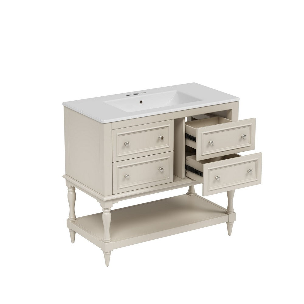 Sandra 36In Bathroom Vanity with Ceramic Sink, 4 Drawers, Beige Solid Wood - BM351298