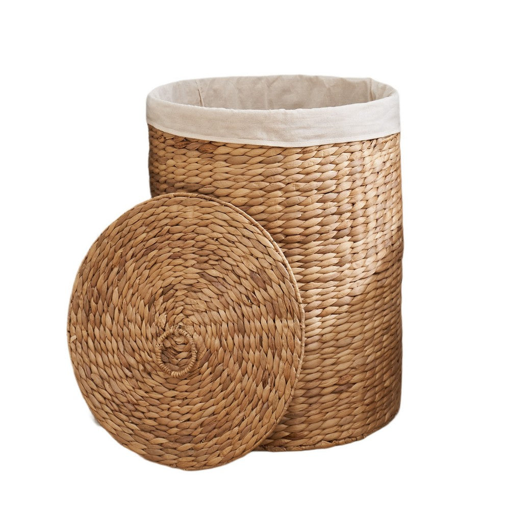 Leri Lidded Laundry Hamper w Fabic Lining, Light Brown Hyacinth, 20 Inch - BM351309
