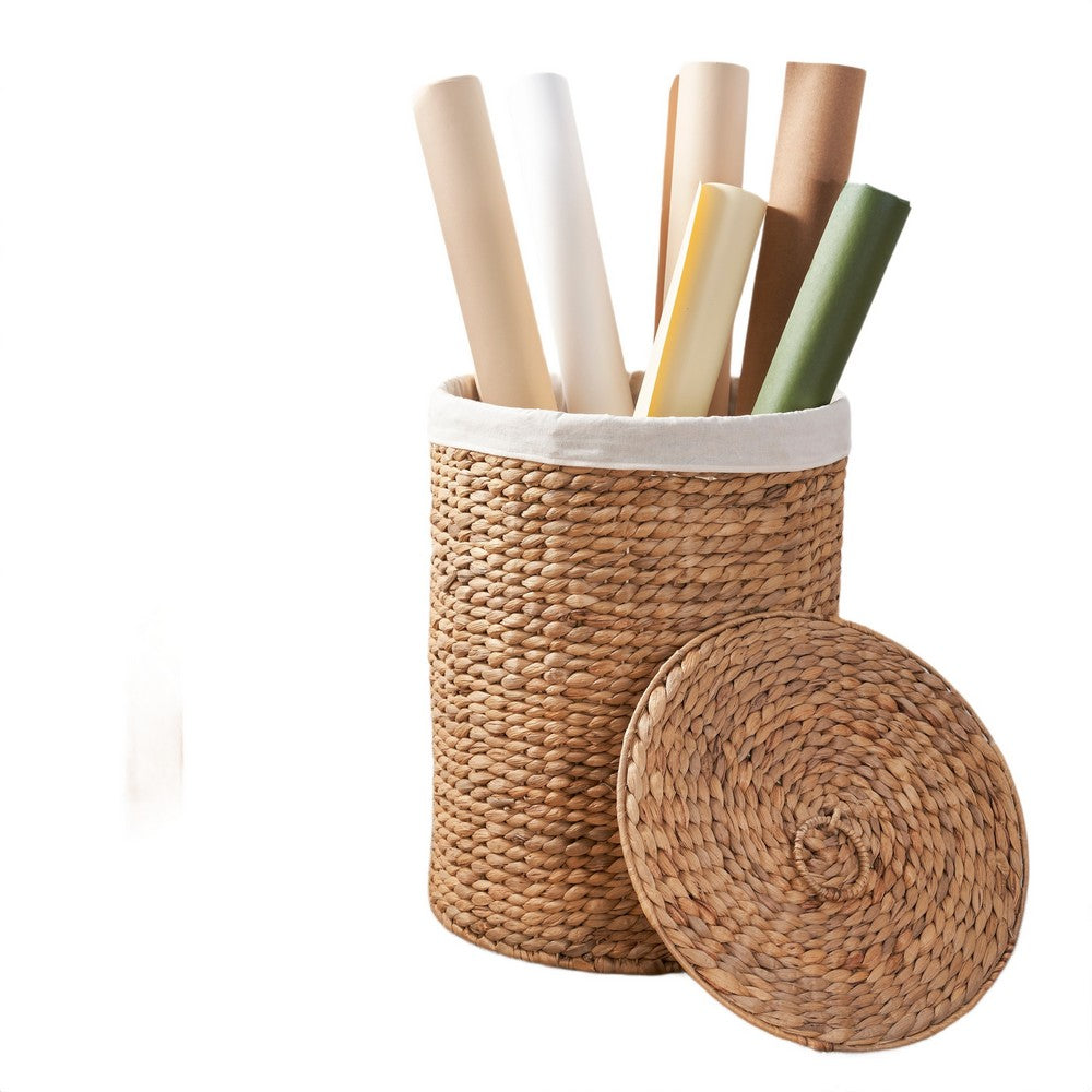 Leri Lidded Laundry Hamper w Fabic Lining, Light Brown Hyacinth, 20 Inch - BM351309