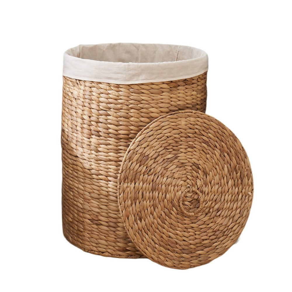 Leri Lidded Laundry Hamper w Fabic Lining, Light Brown Hyacinth, 20 Inch - BM351309