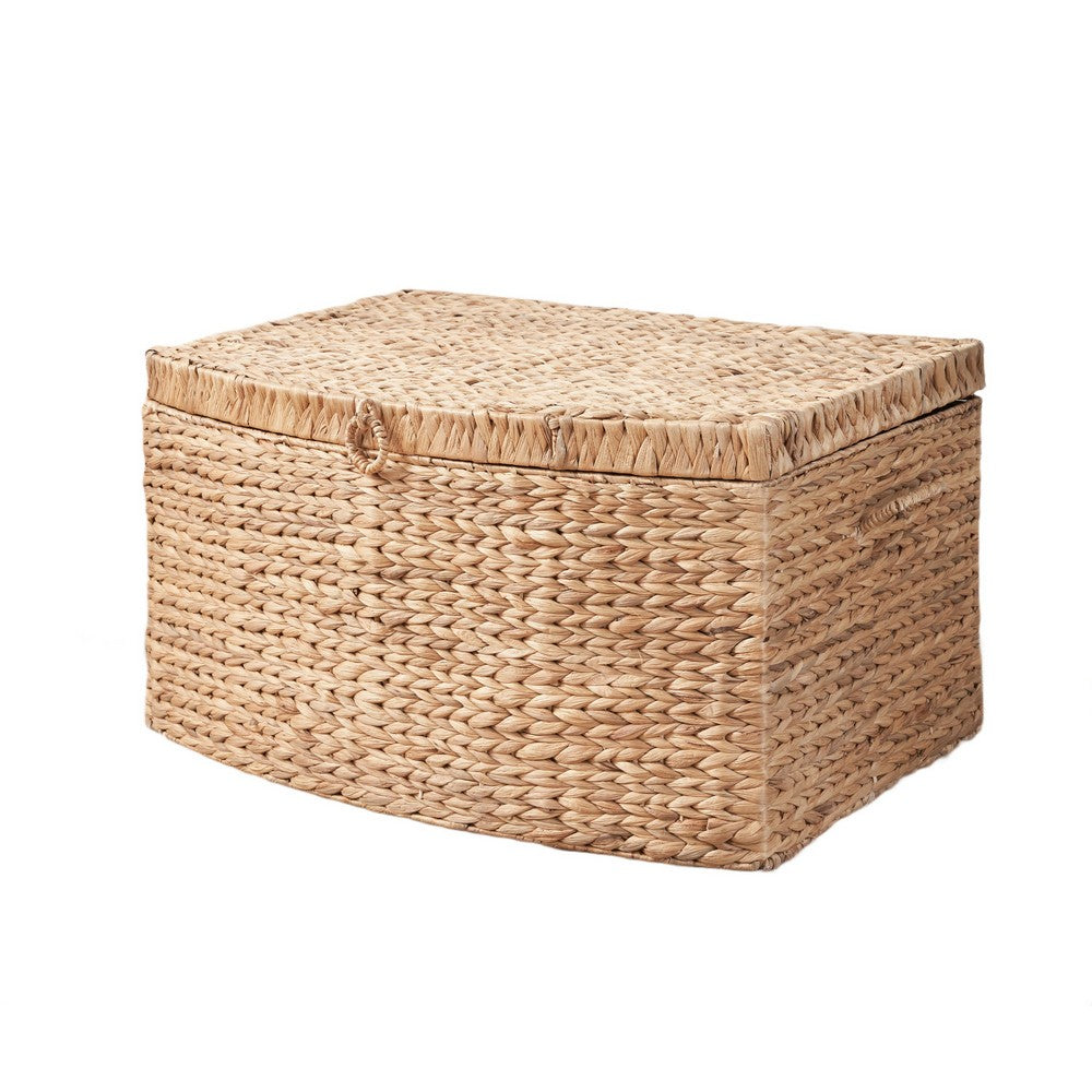 Lidded Storage Trunk w Handles, 26 Inch Light Brown Wicker Hyacinth Woven - BM351312