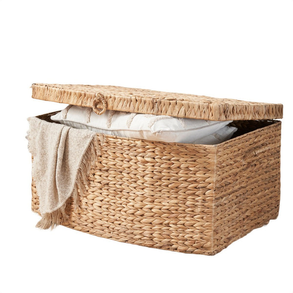 Lidded Storage Trunk w Handles, 26 Inch Light Brown Wicker Hyacinth Woven - BM351312