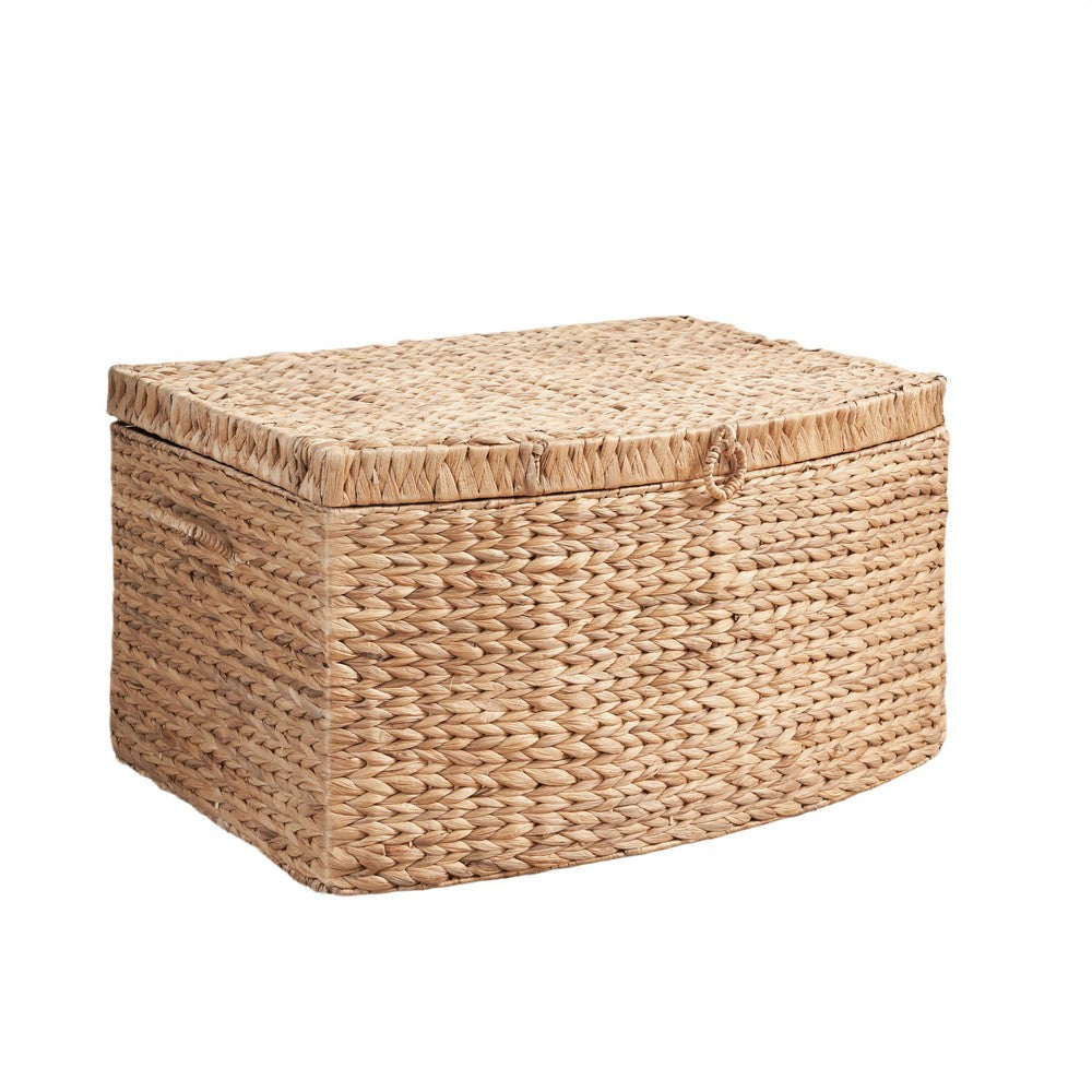 Lidded Storage Trunk w Handles, 26 Inch Light Brown Wicker Hyacinth Woven - BM351312