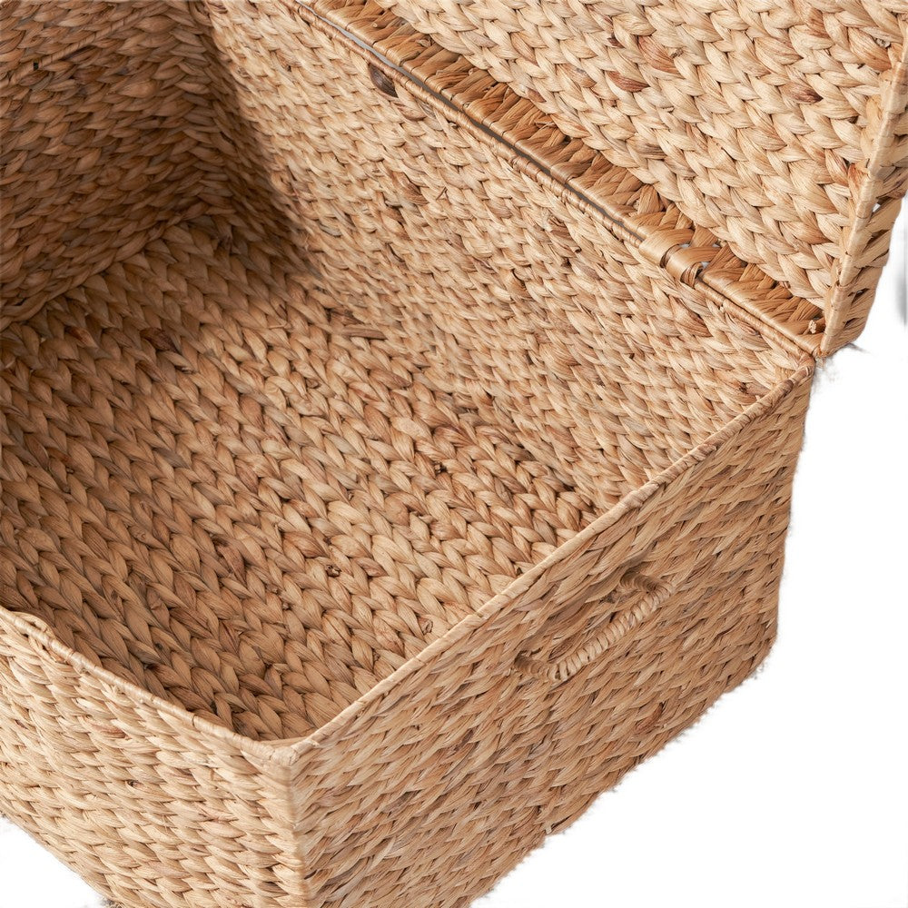 Lidded Storage Trunk w Handles, 26 Inch Light Brown Wicker Hyacinth Woven - BM351312