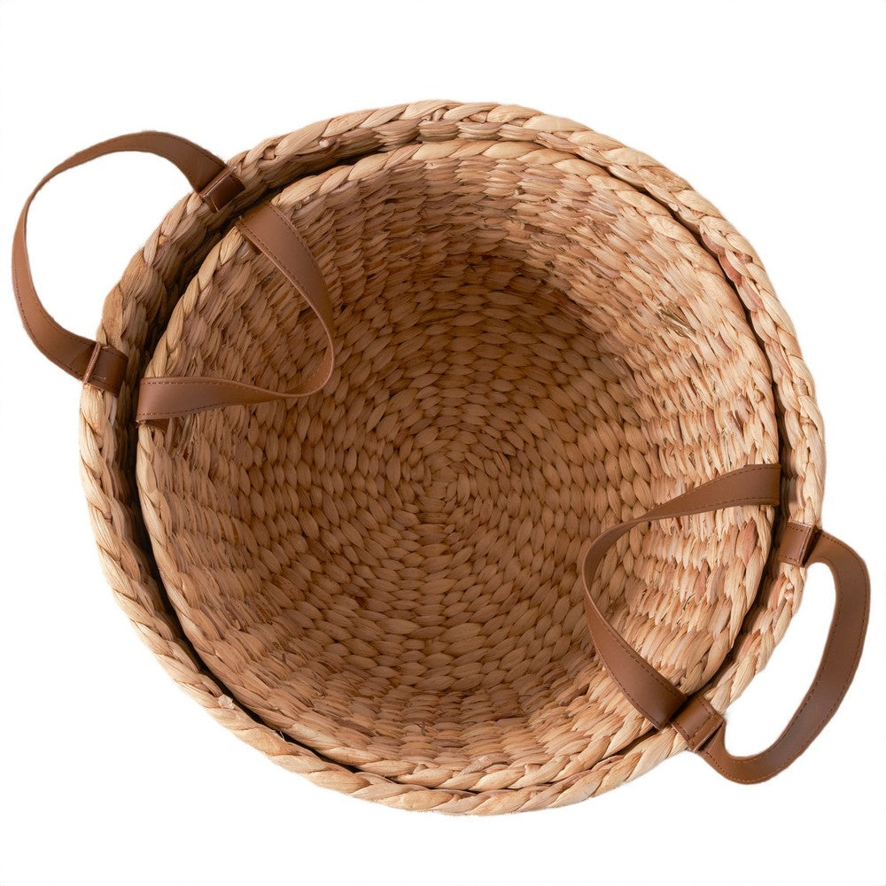 Storage Basket with Faux Leather Handles, 16 Inch Brown Hyacinth Woven - BM351322