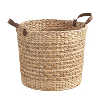 Storage Basket with Faux Leather Handles, 16 Inch Brown Hyacinth Woven - BM351322