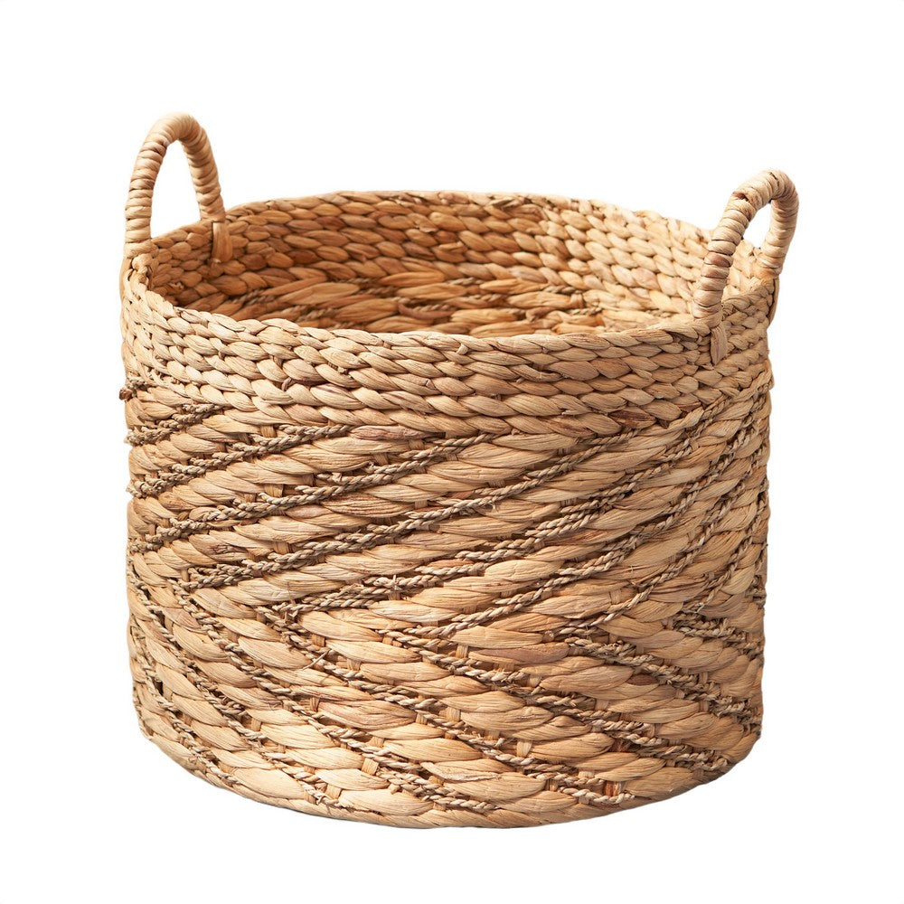 Storage Basket with Handles, Light Brown Hyacinth Woven, 15 Inch Round - BM351327