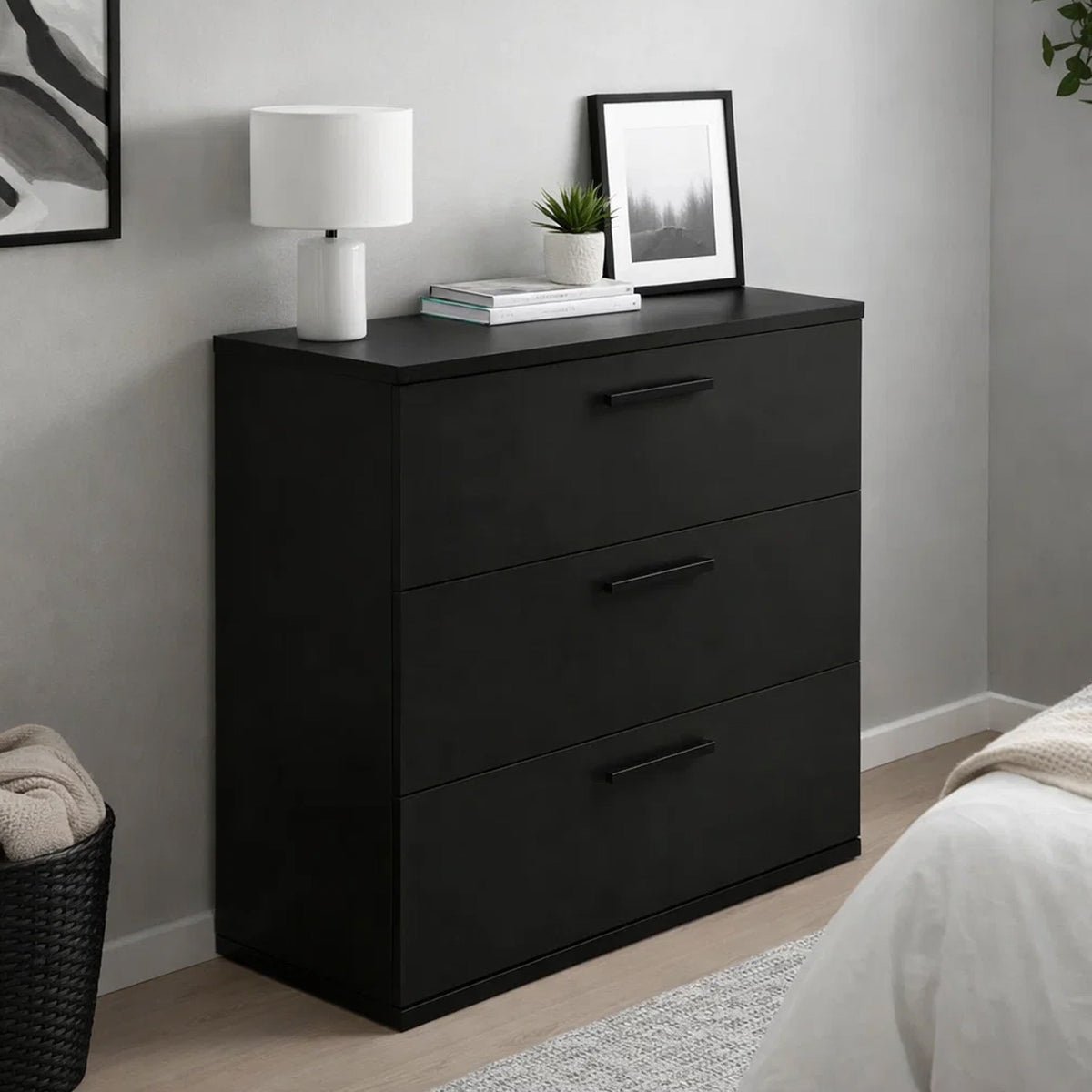 Moru Modular Oversize Dresser Chest, 3 Deep Drawers, Modern Black Wood-BM351328
