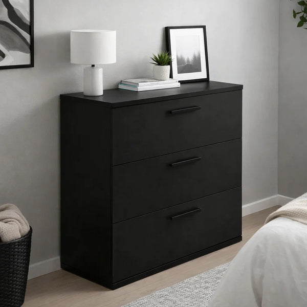 Moru Modular Oversize Dresser Chest, 3 Deep Drawers, Modern Black Wood-BM351328
