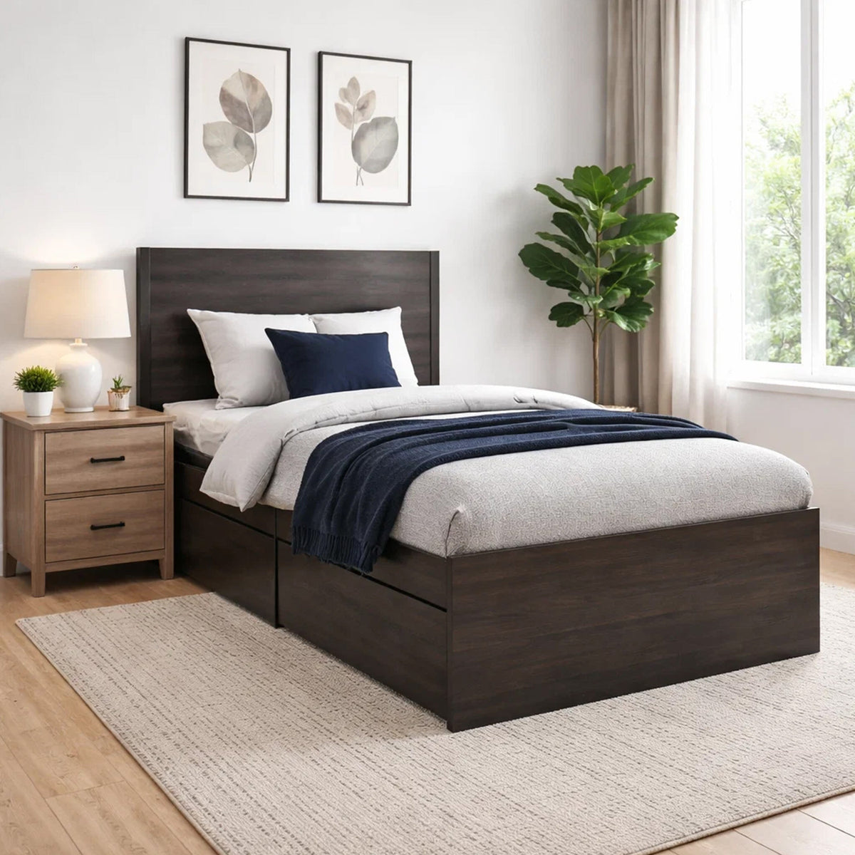 Roby Twin Bed w 4 Storage Drawers Adjustable Headboard Shelves, Dark Gray-BM351329