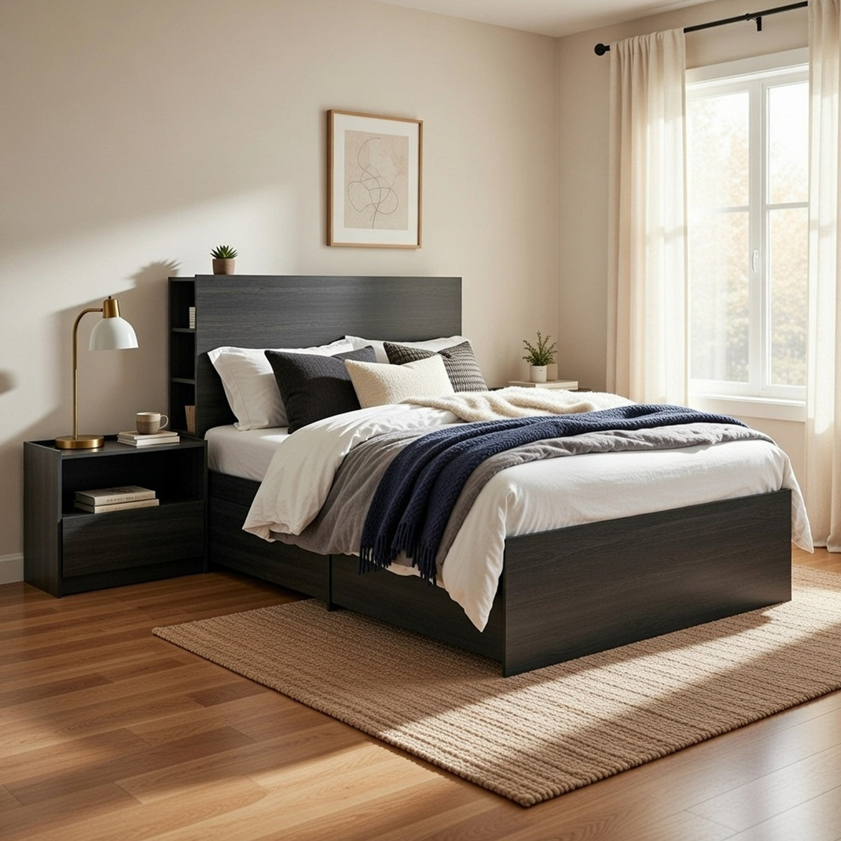 Roby 2pc Twin Storage Bed w Drawers and Nightstand Set,  Dark Gray-BM351331