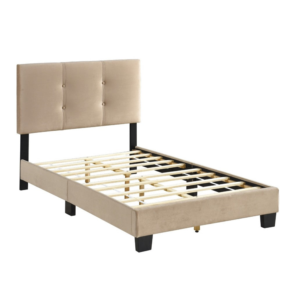Viki Twin Bed, Height-Adjustable Headboard, Tufted Brown Velvet, Black - BM351398
