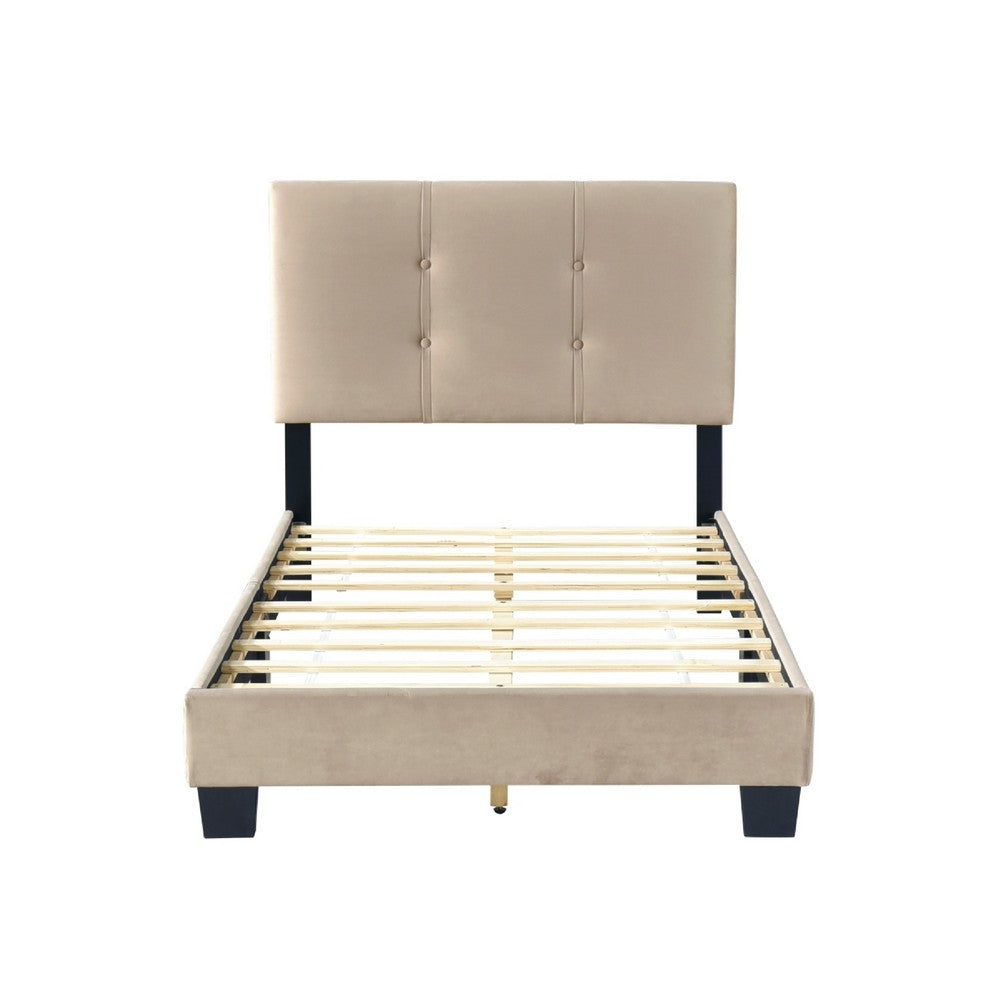 Viki Twin Bed, Height-Adjustable Headboard, Tufted Brown Velvet, Black - BM351398