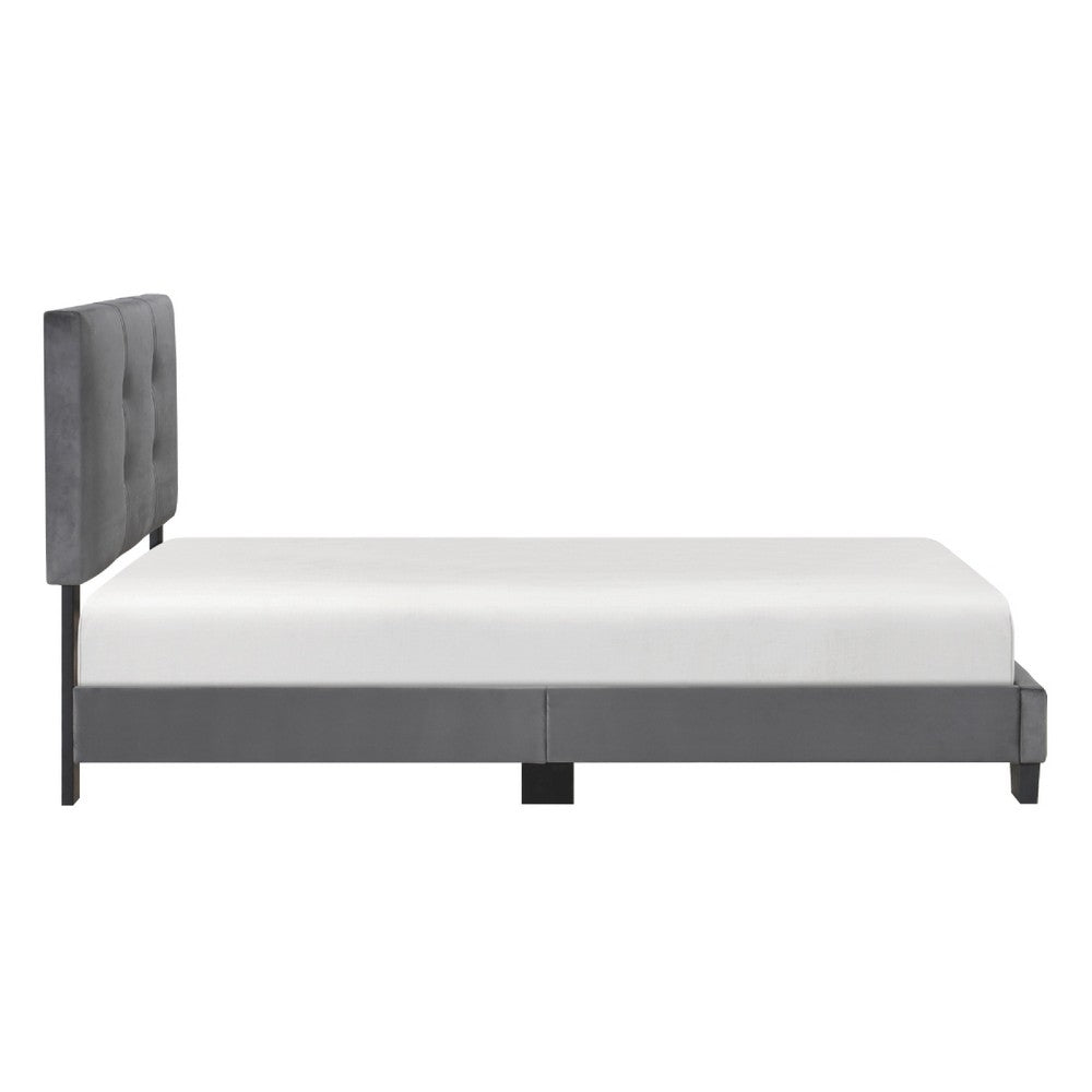 Viki Twin Bed, Height-Adjustable Headboard, Tufted Gray Velvet, Black - BM351399